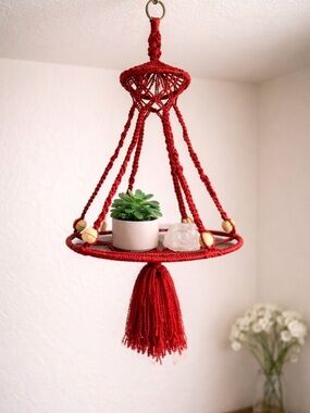 Handmade Red Macrame Hanging Shelf for plants decor